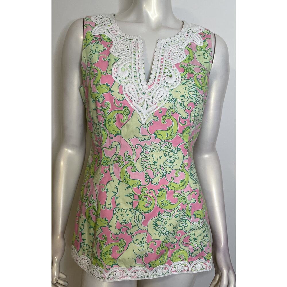 Lilly Pulitzer Pink Green Big Cats Fish Tunic Top Womens 6 Ombre Sleeveless